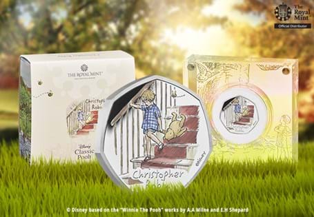 The official Christopher Robin 50p issued by The Royal Mint. Struck from Silver to proof finish. Features colour image of Christopher Robin. Presented in official Royal Mint presentation box with CoA.