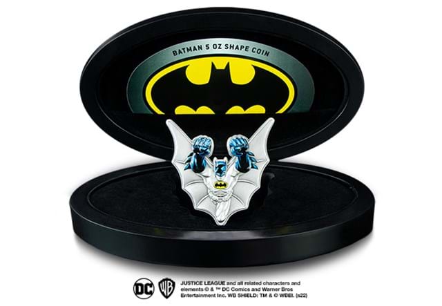 The Batman 5oz Silver Coin in box showing Certificate of Authenticity
