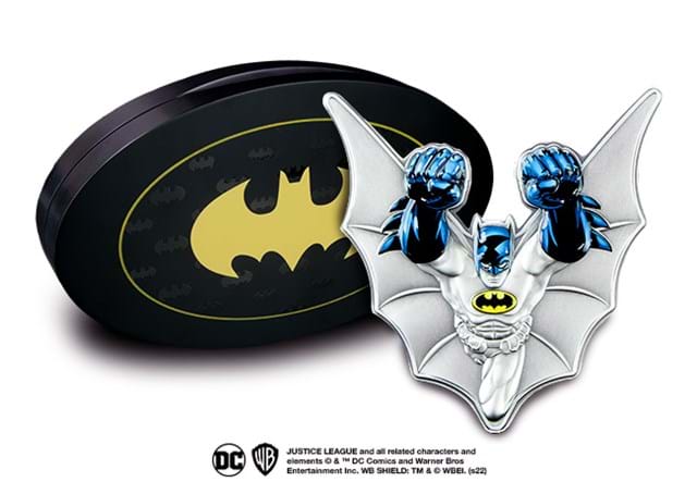 The Batman 5oz Silver Coin Reverse beside box