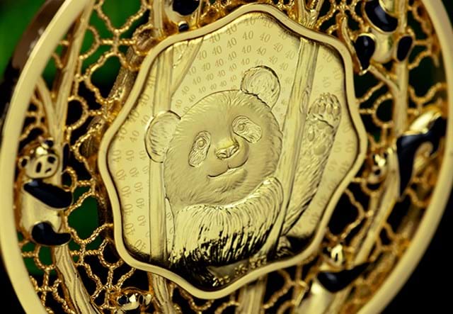 Gold Edition Filigree Panda Coin close-up
