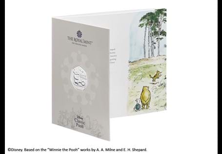 This BU Pack features the official Winnie the Pooh 50p issued by The Royal Mint. It has been struck to a Brilliant Uncirculated quality and comes presented in bespoke Royal Mint presentation pack.