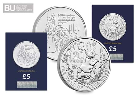 Peter Rabbit™ £5 Pair includes both £5 coins issued by The Royal Mint to commemorate 120 years of Peter Rabbit™. Brilliant Uncirculated quality and encapsulated in Official Change Checker packaging.
