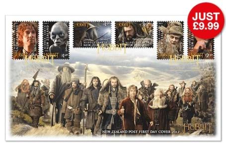 Superb collectable First Day cover featuring the  Official 'The Hobbit' Stamps issued by New Zealand. Postmarked on their first day of issue - 1st November 2012.
