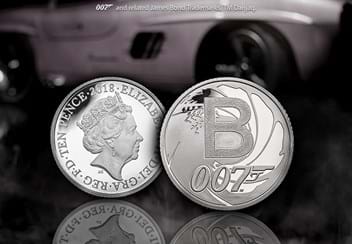 UK James Bond A-Z Silver 10p Coin Obverse and Reverse with a white car in the background