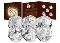 Five British Isles 50p coins issued to celebrate the 150th Anniversary of Jules Verne’s epic adventure story; Around the World in 80 Days.