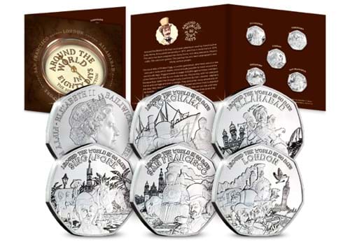 Around the World in 80 Days 50p Set with display card open and closed at the back