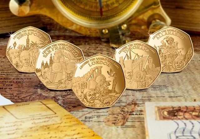 Around the World in 80 Days Gold 50p Set Reverses on a map