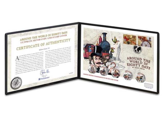 Around the World in 80 Days Ultimate Silver Coin Cover beside Certificate of Authenticity