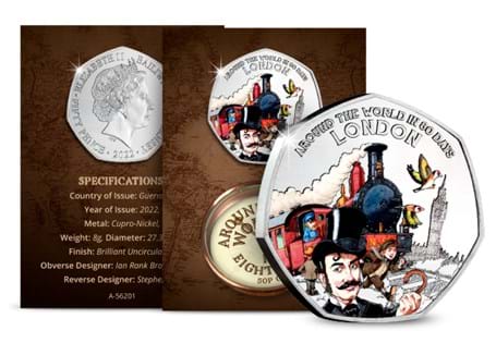 A British Isles Brilliant Uncirculated Colour 50p coin issued to celebrate the 150th Anniversary of Jules Verne’s epic adventure story; Around the World in 80 Days.