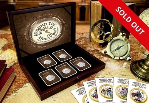 Around the World in 80 Days Silver 1st Strike 50p in display box on a desk beside a compass - sold out