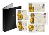 Platinum Jubilee Cover Collection contains five postmarked covers with five Dual-Plated 50p coins issued by the Isle of Man. Comes with a presentation folder.