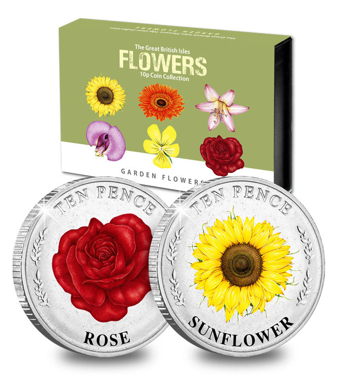 Rose and Sunflower 10p Reverses with box behind