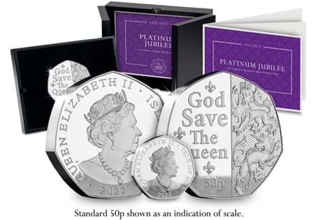 This Silver Proof 50p has been issued to mark Her Majesty's Platinum Jubilee and importantly it's been struck to double the diameter of a standard 50p from five ounces of .999 Sterling Silver.