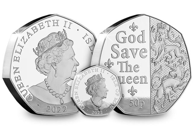 The God Save The Queen 5oz Silver Proof 50p Obverse and Reverse with Standard 50p
