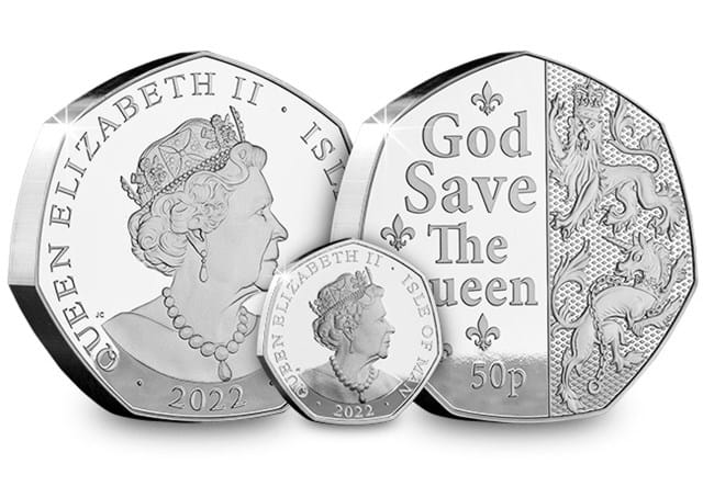 The God Save The Queen 5oz Silver Proof 50p Obverse and Reverse with Standard 50p