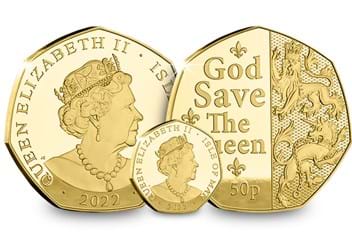 The God Save The Queen 1oz Gold Proof 50p Obverse and Reverse with Standard 50p