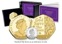 50p struck from one ounce of 24 Carat Gold — issued to mark the Platinum Jubilee of Her Majesty Queen Elizabeth II. Features two of the Queen's Beasts and the famous line  'God Save the Queen'.