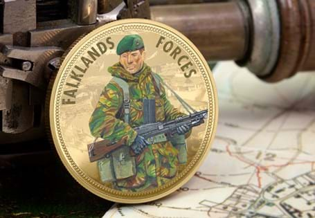 To commemorate the 40th anniversary of the Falklands conflict, your commemorative features a Royal Marine and has been plated in 24 Carat Gold.