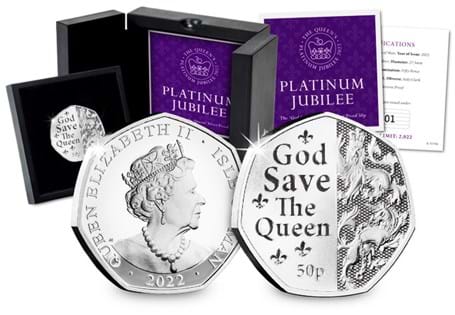 50p coin struck from .925 Sterling Silver to a Reverse Proof finish. Issued by the Isle of Man, it features a design taking the famous words 'God Save the Queen' from the National Anthem.