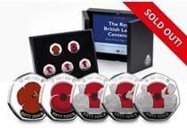 Your RBL Centenary 50p Set is features 5 coins struck from .925 Silver to a Proof finish. The reverse of the coins features designs of the Remembrance Poppy and Armed Forces Officers in full colour.