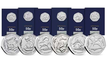 This collection includes all Six Brilliant Uncirculated United Kingdom Dinosaur 50ps issued in 2020 & 2021: Megalosaurus, Iguanodon, Hyaelosaurus, Temnodontosaurus, Dimorphodon & Plesiosaurus.