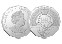 Issued by the Royal Australian Mint for the Queen's Platinum Jubilee, this 50 cent coin features a cypher framed with lily of the valley flowers, and 70 St. Edward's Crowns.