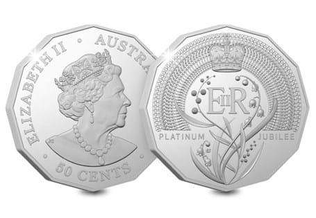 Issued by the Royal Australian Mint for the Queen's Platinum Jubilee, this 50 cent coin features a cypher framed with lily of the valley flowers, and 70 St. Edward's Crowns.