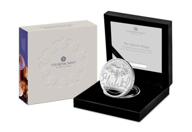 Queen's Reign Honours And Investitures Silver £5 In Box With Packaging