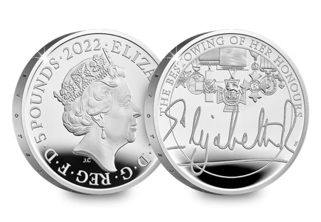 Queen's Reign Honours And Investitures Silver £5 Obverse Reverse