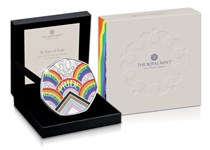 This silver coin features the official UK 2022 Pride 50p. Struck to commemorate 50 years since the first pride march, it features rainbows and words associated with Pride events.