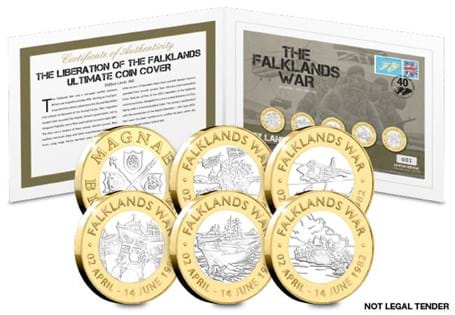 This cover has been issued to mark the 40th anniversary of the Falklands conflict. It features five BU Bi metal medals alongside a Rule Britannia 1st Class postmarked stamp.