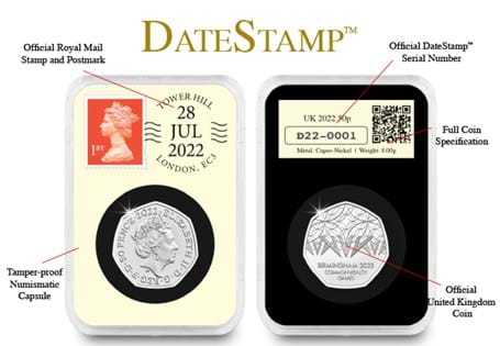 Your 50p DateStamp™ features the Commonwealth Games UK 2022 50p. Specially postmarked on the start date of the games - 28th July 2022, there is a strict edition limit of just 500.