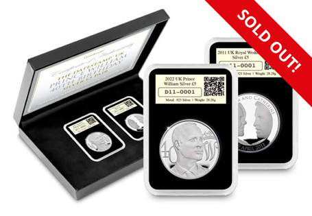 2022 Prince William Silver Proof £5 coin paired with the UK 2011 Royal Wedding Silver Proof £5 coin. Only 40 of these pairs are available.