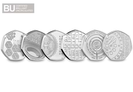 The Innovation in Science 50p set includes all six 50p coins released in The Royal Mint's series. Each coin has been struck to a Brilliant Uncirculated quality.