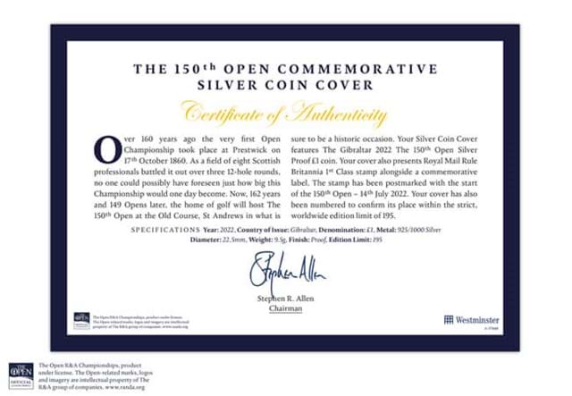 150Th Open Silver Coin Certificate Of Authenticity