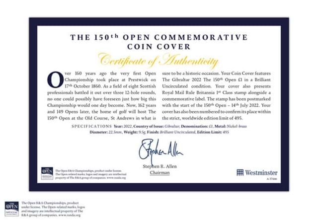150Th Open BU Coin Certificate Of Authenticity