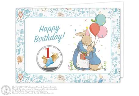 Birthday card featuring one numbered commemorative and features coloured image of an iconic Beatrix Potter character.