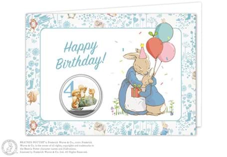 Birthday card featuring one numbered commemorative and features coloured image of an iconic Beatrix Potter character.