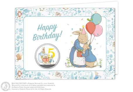 Birthday card featuring one numbered commemorative and features coloured image of an iconic Beatrix Potter character.