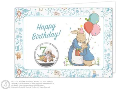 Birthday card featuring one numbered commemorative and features coloured image of an iconic Beatrix Potter character.