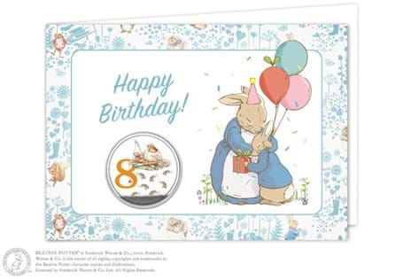 Birthday card featuring one numbered commemorative and features coloured image of an iconic Beatrix Potter character.