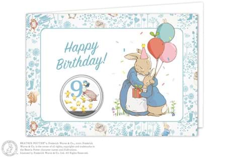Birthday card featuring one numbered commemorative and features coloured image of an iconic Beatrix Potter character.