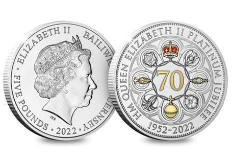 This £5 coin has been issued by Guernsey to mark the Platinum Jubilee of Her Majesty Queen Elizabeth II. It features a heraldic design on the reverse with elements picked out with colour printing.