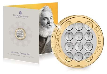 The Alexander Graham Bell BU pack features the 2022 £2 coin, struck to a Brilliant Uncirculated Quality with design by Henry Gray.