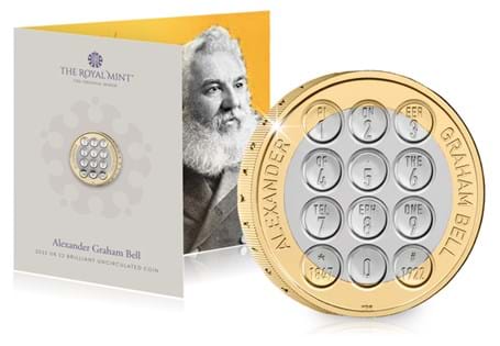 The Alexander Graham Bell BU pack features the 2022 £2 coin, struck to a Brilliant Uncirculated Quality with design by Henry Gray.