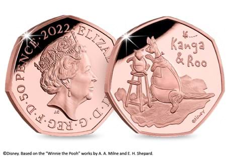 This coin is the official Kanga and Roo 50p issued by The Royal Mint. It has been struck from 22 Carat Gold to a Proof finish. It comes packaged in its official The Royal Mint packaging with COA.