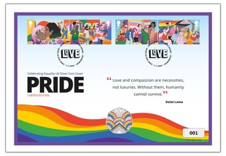 Your coin cover features the Royal Mint 2022 Silver Proof Pride 50p alongside the Royal Mail Pride 4 x 1st Class Stamps postmarked on their first day of issue - 1st July 2022.