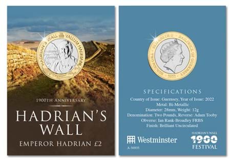 This £2 coin has been issued to mark the 1,900 anniversary of Hadrian's Wall. This Guernsey BU £2 features Emperor Hadrian, who is responsible for the building of the wall in AD 122.
