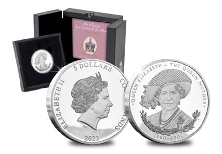 This Five Dollar coin has been issued by the Cook Islands to mark the 20th anniversary of the passing of the Queen Mother. It features a portrait of the Queen Mother and it is struck from .999 Silver.