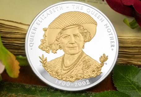 This 25 Dollar coin has been issued by the Cook Islands to mark the 20th Anniversary of the passing of the Queen Mother. It has been struck from 5oz of .999 silver with selective 24 carat gold plate.